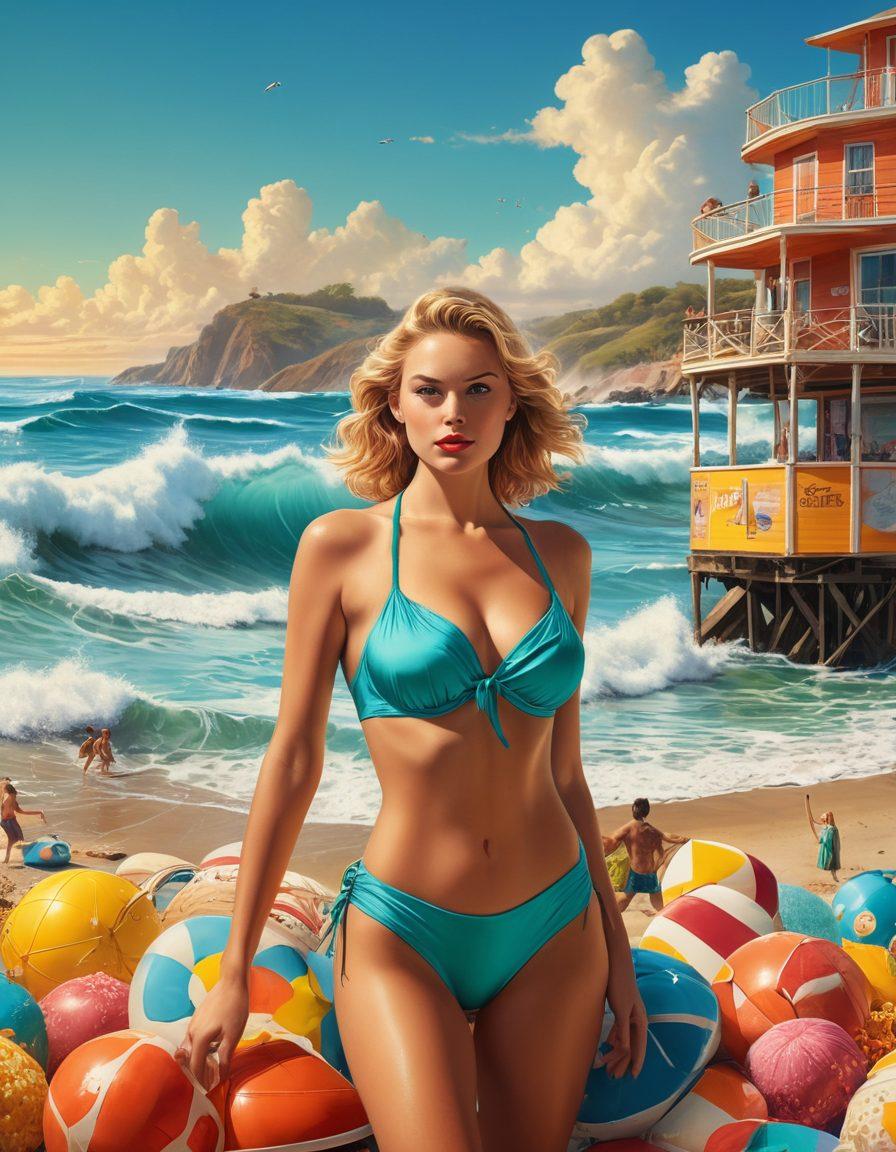 A vibrant collage featuring iconic bathing suits from classic films, set against a backdrop of colorful beach scenes and iconic movie posters. Include elements of film reels and popcorn to represent cinema, while the models wear various styles of bathing suits through the decades. The ambiance should evoke nostalgia, with splashes of sunshine and ocean waves in the foreground. super-realistic. vibrant colors. cinematic style.