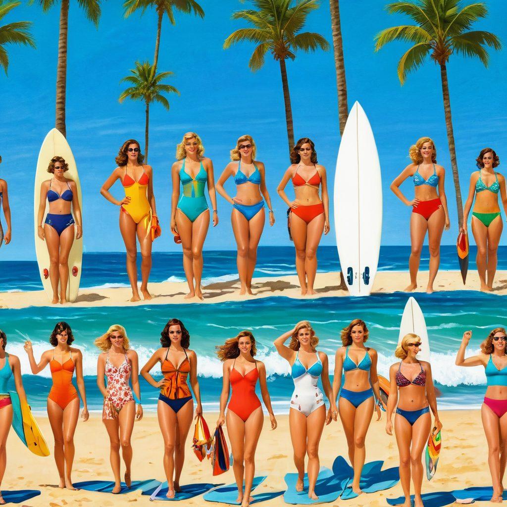 A vibrant beach scene featuring a range of iconic swimwear styles from different film eras, gracefully blending into waves crashing on a sunlit shore. Include vintage swimsuits from the 50s, colorful 80s gear, and modern chic designs, all framed by palm trees and a bright blue sky. Capture the essence of beach culture with playful beachgoers enjoying the sun, surfboards, and a glimmering ocean background. whimsical, cinematic-style. vibrant colors. bright blue background.